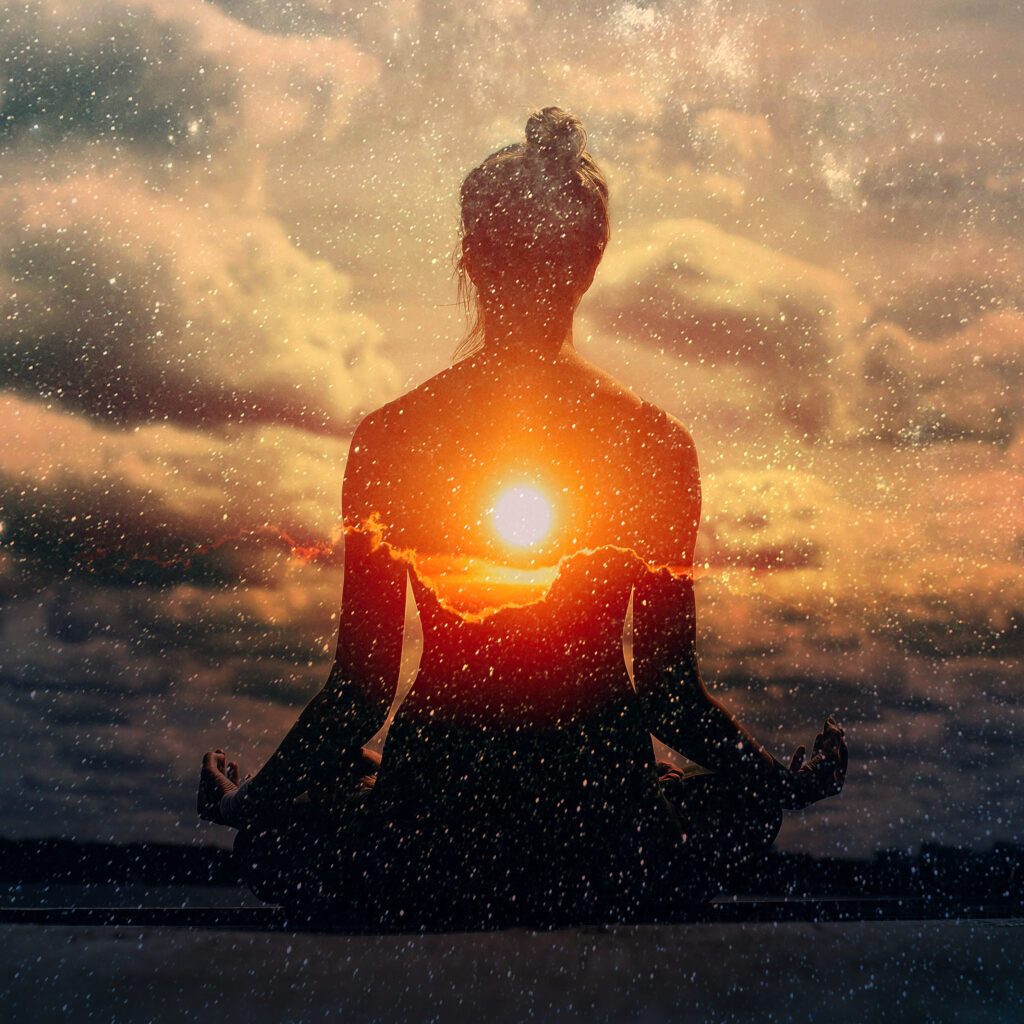 Yoga day concept. Multiple exposure image. Clouds and sun. Pranayama in lotus asana.