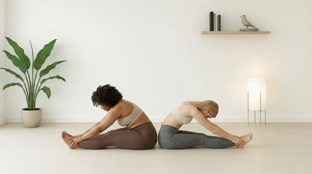 Partner Yoga zu zweit Pose Sitzende Vorwärtsbeuge (Paschimottanasana) bei Roots Yoga: Zwei Partner sitzen Rücken an Rücken und führen synchron eine tiefe Dehnung in der Vorbeuge aus. Übung für Entspannung