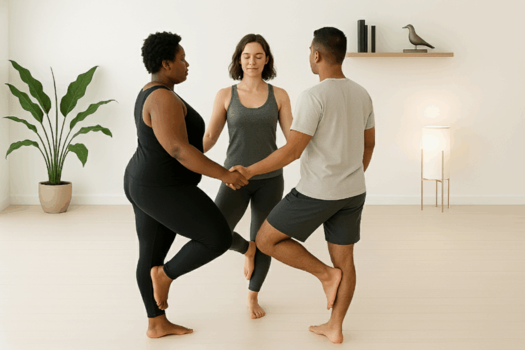 Partner Yoga Pose Dreier-Baum (Circle Tree): Drei Teilnehmer von Roots Yoga stehen im Kreis, halten sich an den Händen und balancieren schulter-an-Schulter. Die Übung fördert Vertrauen und synchronisierte Atmung in der Gruppe.