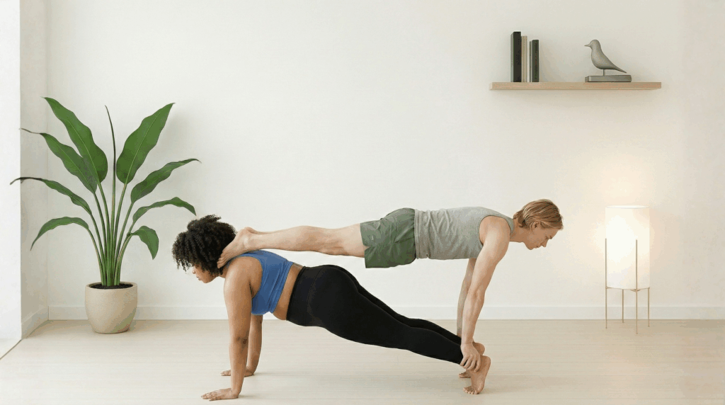 Partner Yoga zu zweit Pose Doppeltes Brett (Purvottanasana) bei Roots Yoga: Zwei Partner heben gleichzeitig in die Rückwärtsplanke, um Rücken, Beine und Fußsohlen intensiv zu kräftigen. Übung für synchrone Stärke