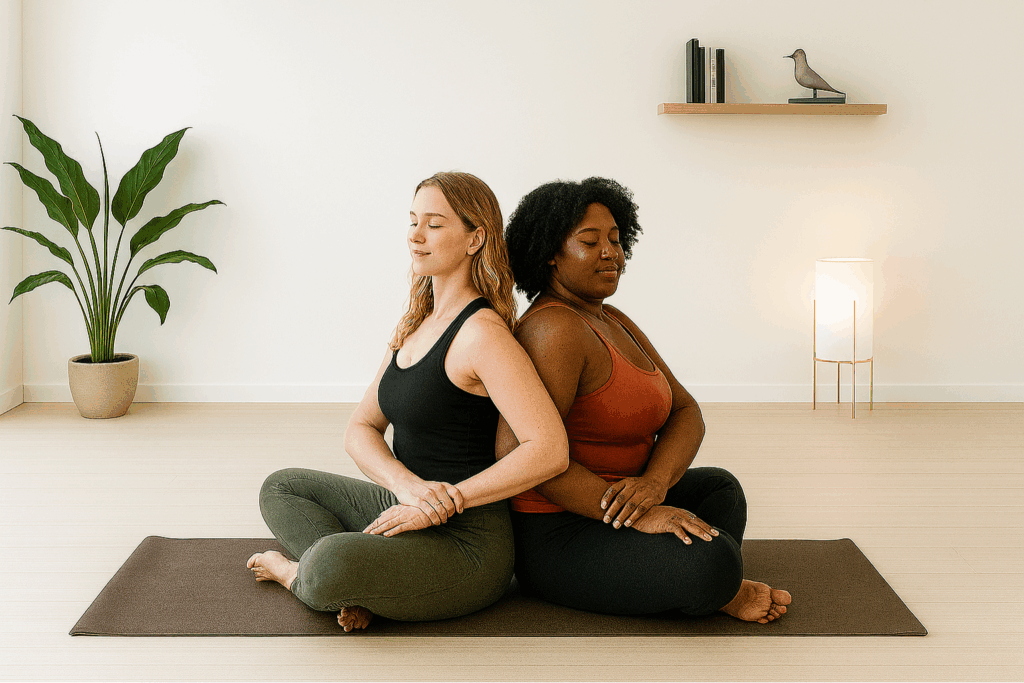 Partner Yoga Pose Rücken-Twist bei Roots Yoga: Zwei Personen sitzen Rücken an Rücken im Schneidersitz und drehen sich in entgegengesetzte Richtungen. Eine Paar-Übung zur Mobilisierung der Wirbelsäule und zur Stärkung der Verbindung
