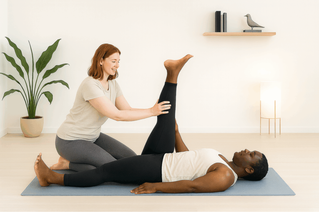 Partner Yoga Pose Bein-Stretch im Liegen bei Roots Yoga: Eine Person liegt entspannt, während die Partnerin/der Partner das Bein achtsam anhebt, um die Beinmuskulatur zu lockern. Standard-Partnerübung aus dem Yin Yoga zur Vertrauensbildung
