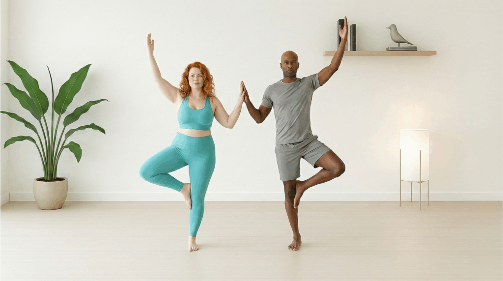 Partner Yoga zu zweit Pose Baum (Vrksasana) bei Roots Yoga: Zwei Partner stehen nebeneinander in der Baumhaltung und halten sanften Handkontakt, um die gemeinsame Balance und Stabilität zu dosieren