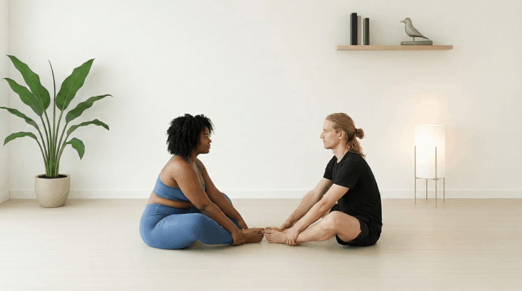 Partner Yoga zu zweit Pose Schmetterling bei Roots Yoga: Zwei Partner sitzen sich gegenüber, verbinden die Fußsohlen und öffnen die Hüfte durch sanften, gegenseitigen Zug. Übung zur Dehnung und Entspannung