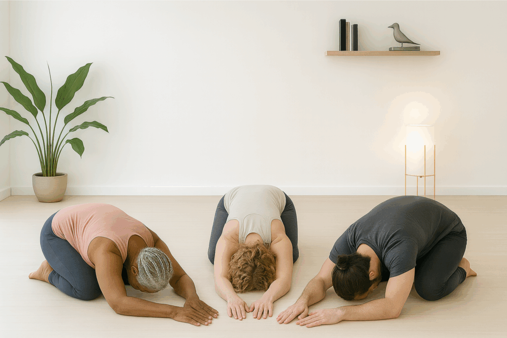 Partner Yoga Pose Kindhaltung im Kreis bei Roots Yoga: Mehrere Teilnehmer liegen in einer Kette in der Kindhaltung und ruhen mit dem Oberkörper auf dem Rücken der vorderen Person. Eine Übung zur tiefen Entspannung und Atem-Synchronisation.