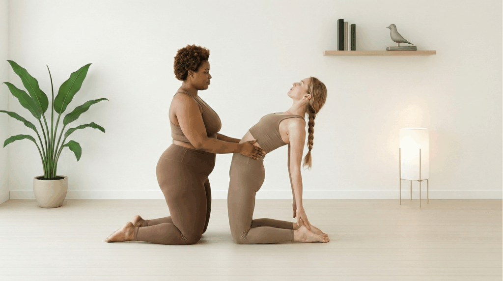 Partner Yoga zu zweit Pose Knieende Rückendehnung (Ustrasana Variation) bei Roots Yoga: Eine Person kniet und unterstützt den unteren Rücken des Partners, der sich in eine sanfte Rückbeuge lehnt. Eine Übung zur Herzöffnung