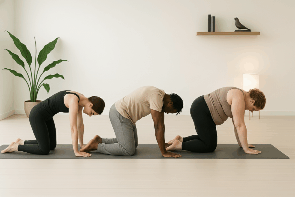 Partner Yoga Pose Katzen-Kuh in Kette bei Roots Yoga: Mehrere Teilnehmer stehen auf Händen und Knien hintereinander und führen die Wirbelsäulen-Welle synchron aus. Dynamische Gruppenübung zur Mobilisierung