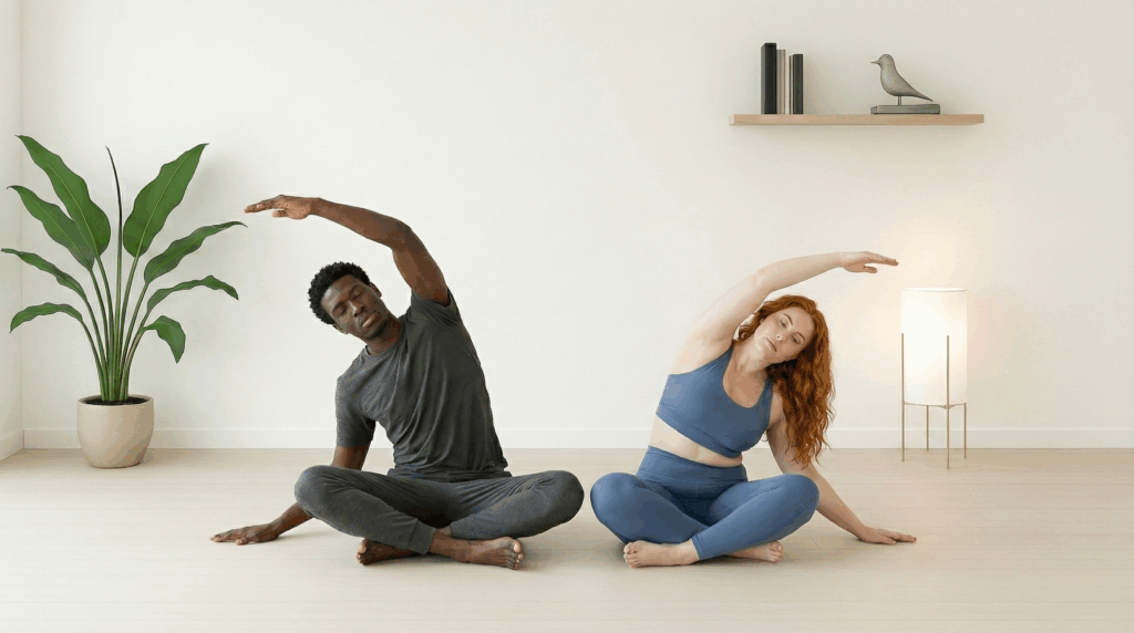 Partner Yoga zu zweit Pose Seitbeuge im Sitzen bei Roots Yoga: Zwei Partner sitzen sich gegenüber oder nebeneinander und neigen sich gemeinsam zur Seite, um die Flankenstreckung zu intensivieren. Übung zur Dehnung