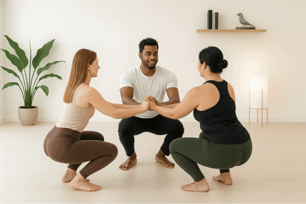 Partner Yoga Pose Dreier-Stuhl (Chair Circle) bei Roots Yoga: Die Teilnehmer stehen im engen Kreis, halten sich und sinken gleichzeitig in die Stuhlhaltung (Utkatasana). Gruppenübung für kollektive Kraft und Stabilität