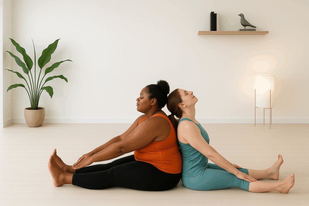 Partner Yoga Pose Doppelte Vorbeuge bei Roots Yoga: Zwei Teilnehmer sitzen Rücken an Rücken, wobei eine Person sich nach vorne beugt und die andere sich zur unterstützenden Dehnung zurücklehnt. Eine intensive Partner-Dehnung.
