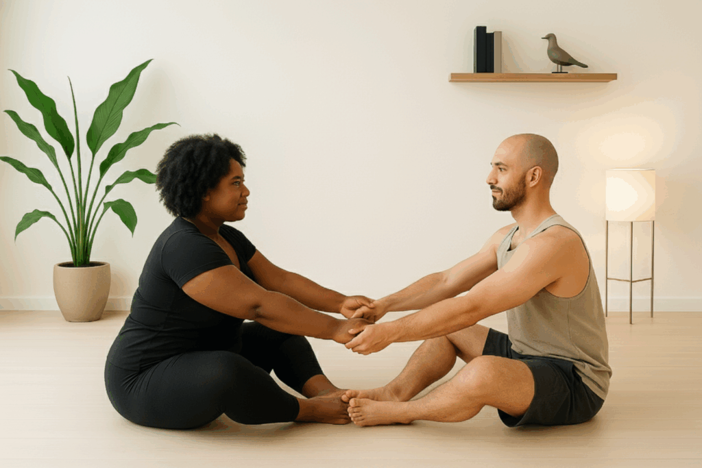 Partner Yoga Pose Partner-Boot (Double Boat) bei Roots Yoga: Zwei Teilnehmer sitzen sich gegenüber, fassen Hände und strecken die Beine mit aneinandergelegten Fußsohlen. Acro-Yoga-Klassiker für Rumpfkraft und Balance