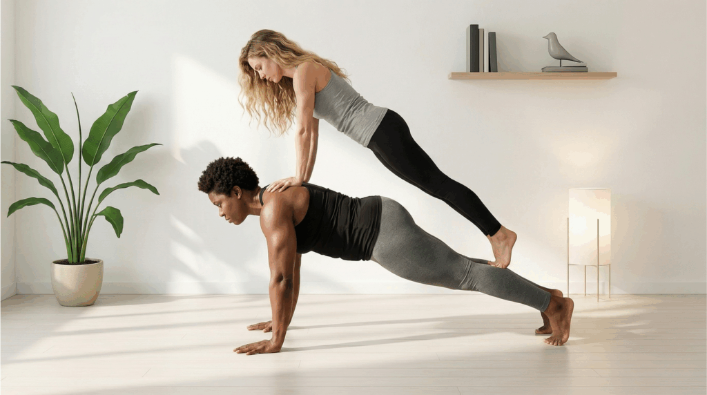 Partner Yoga zu zweit Pose Hohe Planke auf Planke bei Roots Yoga: Zwei Partner liegen in der Planke übereinander gestapelt. Eine anspruchsvolle und kräftigende Übung für Körperspannung und Balance