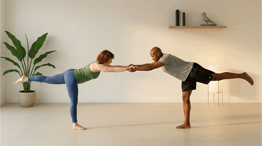 Partner Yoga zu zweit Pose Unterstützter Krieger III (Supported Warrior III) bei Roots Yoga: Zwei Partner halten sich an den Händen, um die Balance und die Ausrichtung des Oberkörpers in der Krieger III-Haltung zu stabilisieren. Übung für Präzision und Balance
