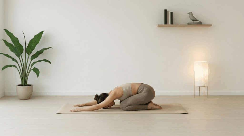 Kindhaltung (Balasana) bei Roots Yoga: Eine sanfte und restorative Haltung, die den Rücken entspannt und die Herzfrequenz beruhigt. Haltung der Hingabe und des Schutzes.