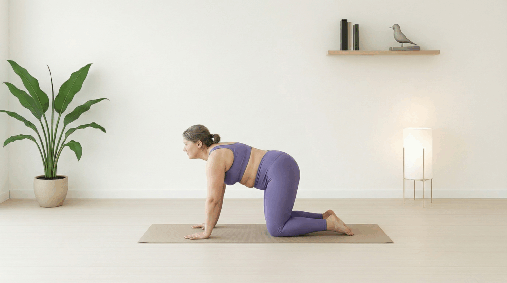 Katze-Kuh (Marjaryasana–Bitilasana) bei Roots Yoga: Eine dynamische Abfolge, die die Wirbelsäule mobilisiert, die Atmung vertieft und Verspannungen im Rücken löst. Ideal für den Beginn der Praxis