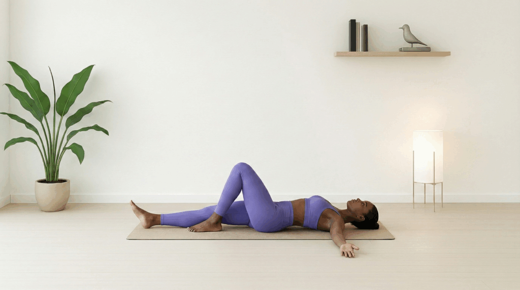 Liegende Drehung (Supta Matsyendrasana) bei Roots Yoga: Eine sanfte, restorative Drehhaltung im Liegen, die die Ausatmung verlängert, innere Anspannung reduziert und den Rumpf stabilisiert