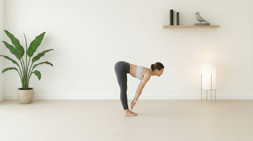 Halbe Vorbeuge (Ardha Uttanasana) bei Roots Yoga: Eine stehende Haltung zur Verlängerung der Beinrückseite (Hamstrings). Stabilisiert den Rumpf und schult das Gleichgewicht