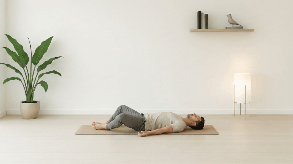 Liegender Schmetterling (Supta Baddha Konasana) bei Roots Yoga: Eine restorative Haltung, die Hüfte und Leiste öffnet und den unteren Rücken entlastet. Ideal für Entspannung und Yin Yoga