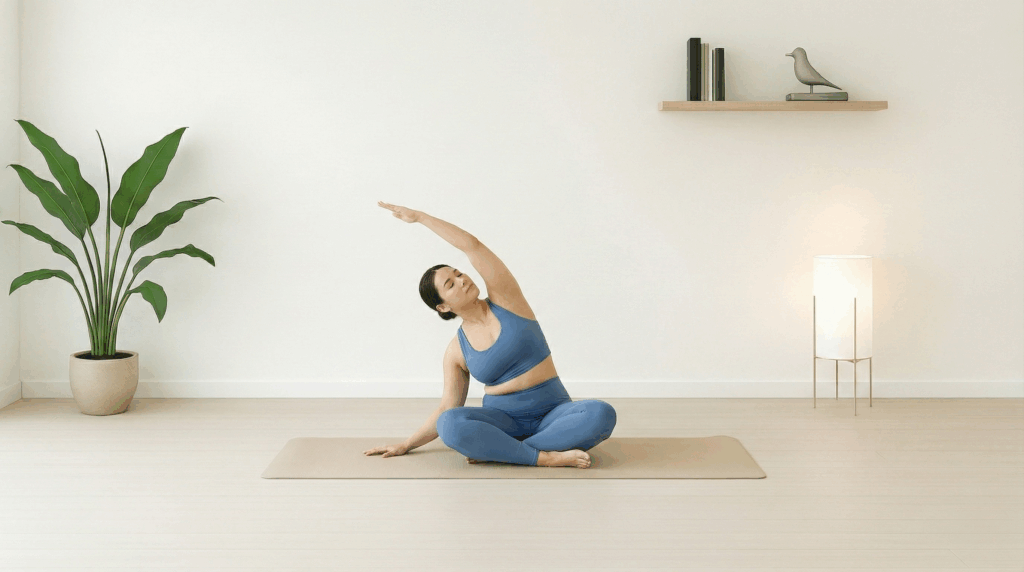 eitliche Dehnung im Sitz (Parsva Sukhasana) bei Roots Yoga: Eine einfache Sitzhaltung, die die Flanken verlängert, die Atembewegung verbessert und die allgemeine Flexibilität steigert.